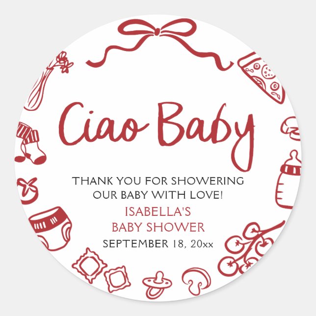 Sticker Rond Red Italian Hand Drawn Pizza Ciao Baby Baby Shower (Devant)