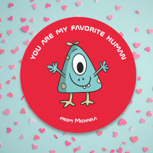 Sticker Rond Red Kids Valentine's Day Monster Alien