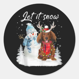 Sticker Rond Red Long Haid Dachshund Père Noël Chien neige de N