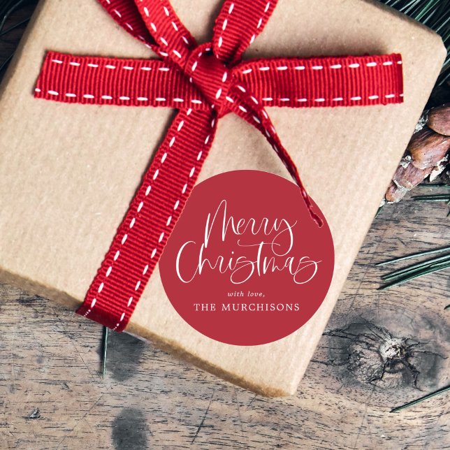 Sticker Rond Red Modern Simple Calligraphie Joyeux Noël (Créateur téléchargé)