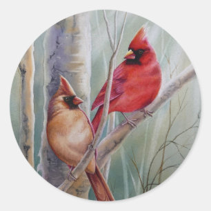 Sticker Rond Red Northern Cardinal Bird Pair Aquarelle Art