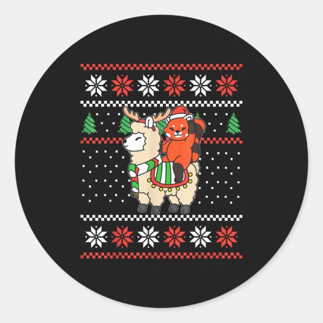 Sticker Rond Red Panda Ugly Christmas Sweater Reindeer Llama Ri (Devant)