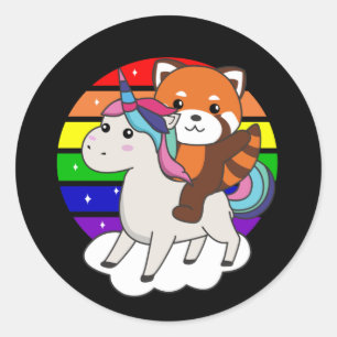 Sticker Rond Red Panda Unicorn Rainbow Animaux Pandas Unicornes