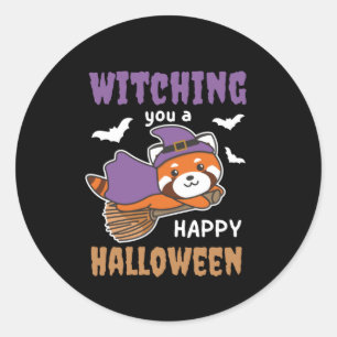 Sticker Rond Red Panda Witch Witching You A Happy Halloween