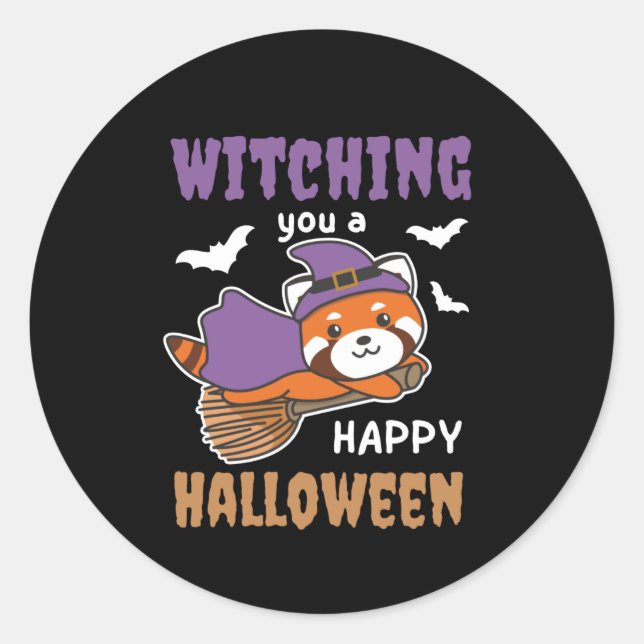 Sticker Rond Red Panda Witch Witching You A Happy Halloween (Devant)