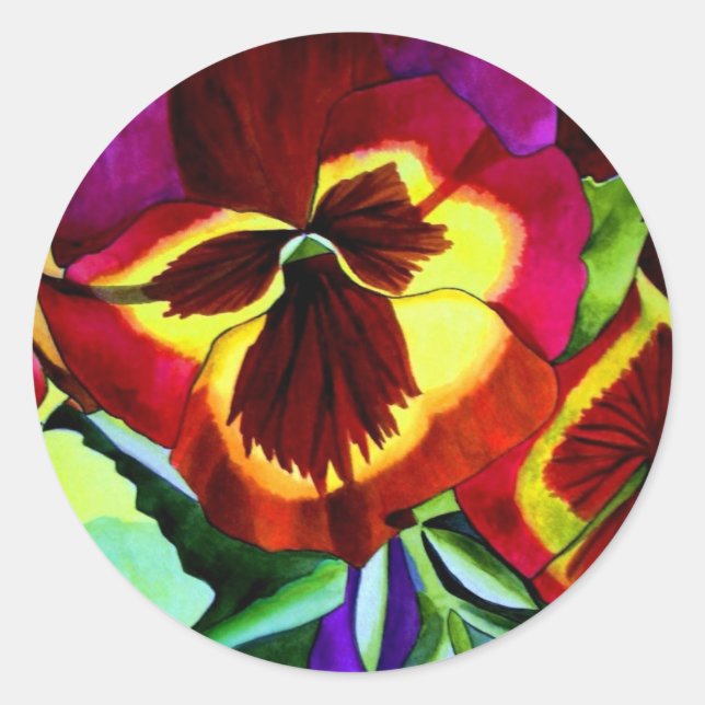 Sticker Rond Red pansies watercolor flower original art (Devant)