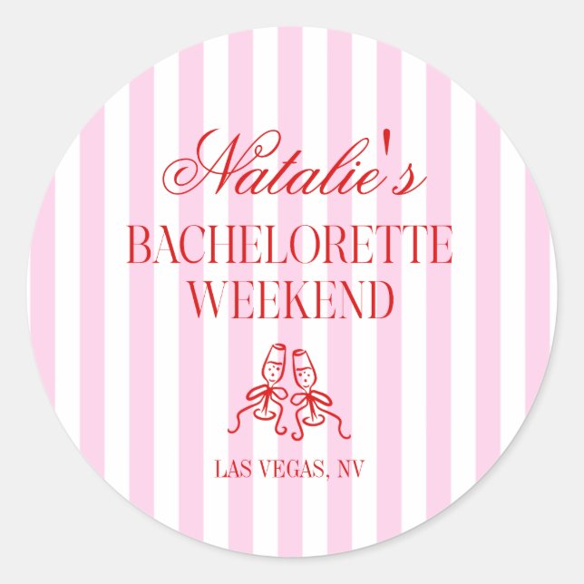Sticker Rond Red Pink Stripes Bachelorette Weekend Party (Devant)