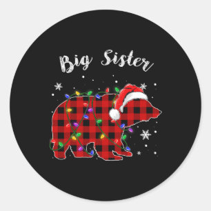 Sticker Rond Red Plaid Big Sister Bear Buffalo Family Pajama Ch