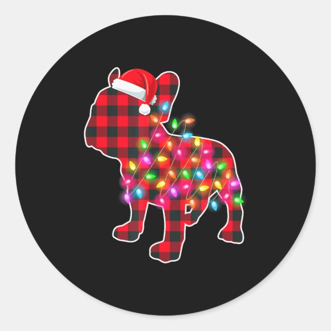 Sticker Rond Red Plaid French Bulldog Christmas Pajamas Xmas Li (Devant)