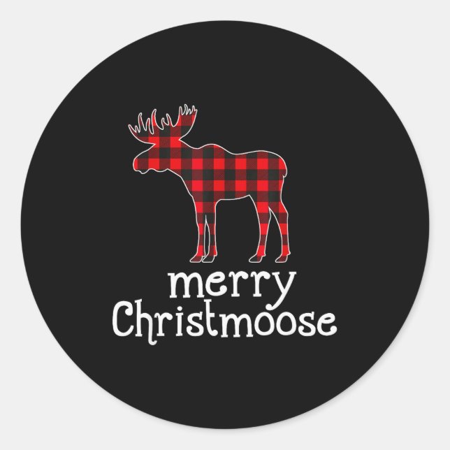 Sticker Rond Red Plaid Merry Christmoose Christmas T Shirt Moos (Devant)