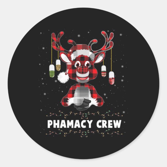 Sticker Rond Red Plaid Reindeer Pharmacy Crew Noël (Devant)