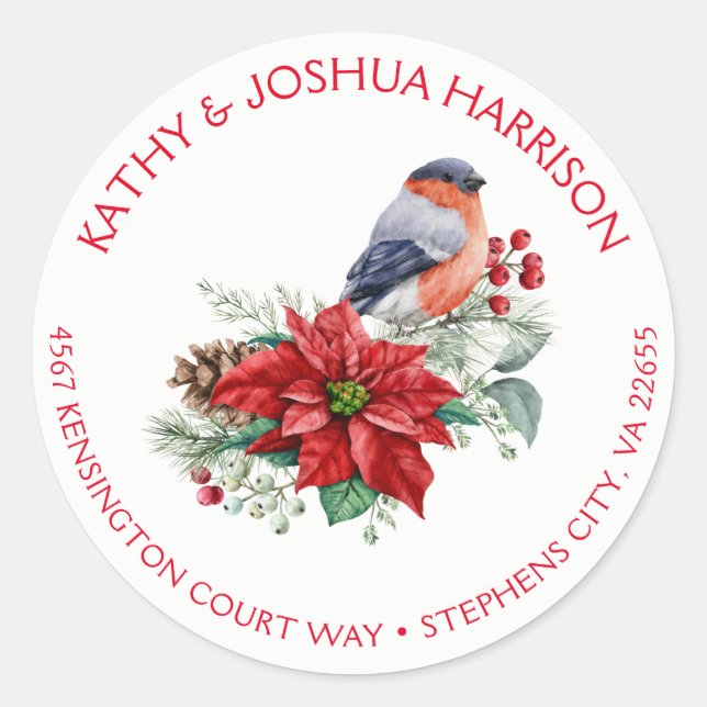 Sticker Rond Red Poinsettia Holly Pine Berries Bird Noël (Devant)