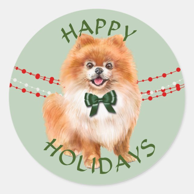 Sticker Rond Red Pomeranian Green Bow Joyeuses vacances (Devant)