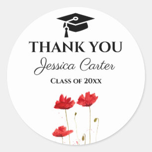 Sticker Rond Red Poppies Rustique Floral Graduation Merci