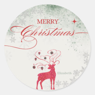 Sticker Rond Red Reindeer Silver Snowflakes Green Christmas