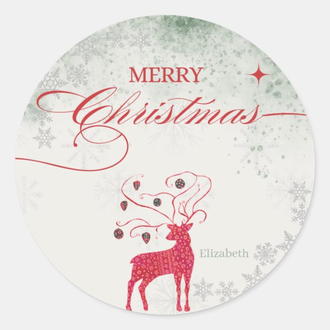 Sticker Rond Red Reindeer Silver Snowflakes Green Christmas (Devant)