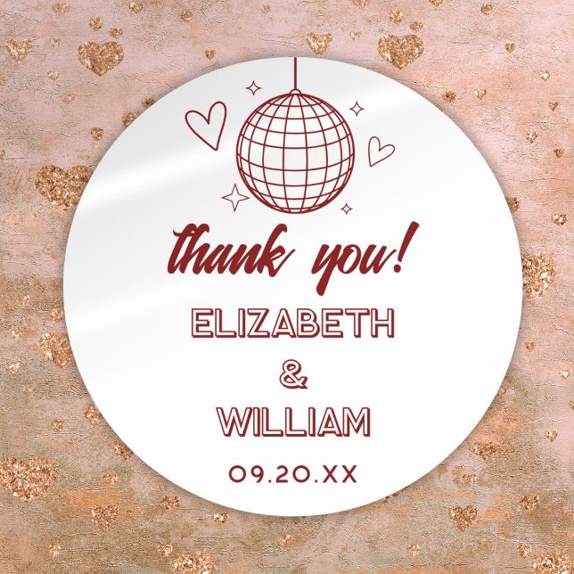 Sticker Rond Red Retro Disco Super les années 70 Mariage Merci (Red Retro Disco Groovy 70s Wedding Thank You Classic Round Sticker)