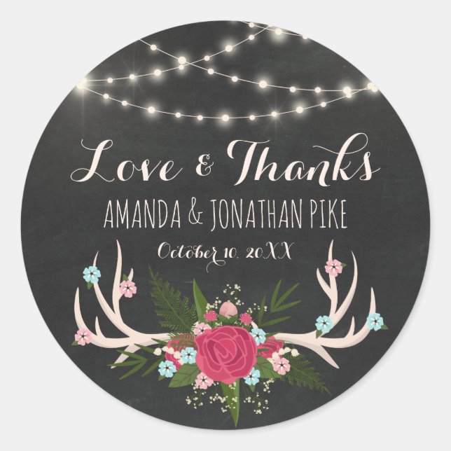 Sticker Rond Red Rose Antlers - Rustic Mariage Love & Thanks (Devant)