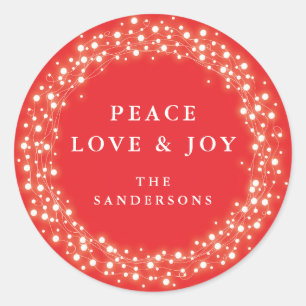Sticker Rond Red Sparkling Lights Peace Love + Joie Christmas