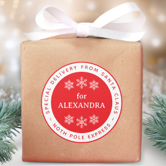 Sticker Rond Red Special Delivery from Santa North Pole Name
