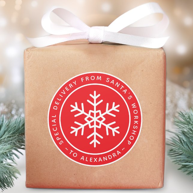 Sticker Rond Red Special Delivery from Santa to Name Snowflake (Créateur téléchargé)
