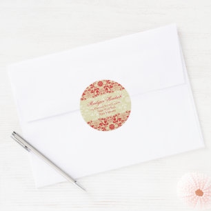 Sticker Rond Red & Taupe Vintage Damask Lace Adresse de retour