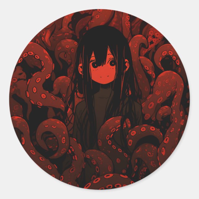 Sticker Rond Red Tentacle Horror Anime Girl (Devant)