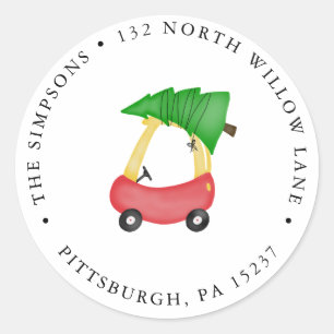 Sticker Rond Red Tikes Car with Christmas Tree Return Adresse :