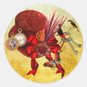 Sticker Rond Red Top Chapeau oiseaux montre de poche Steampunk 