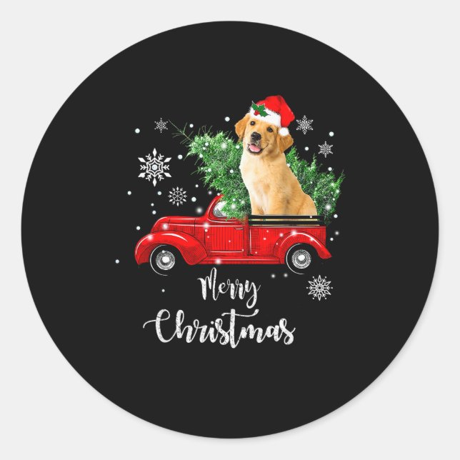 Sticker Rond Red Truck Merry Christmas Tree Golden Retriever Ch (Devant)