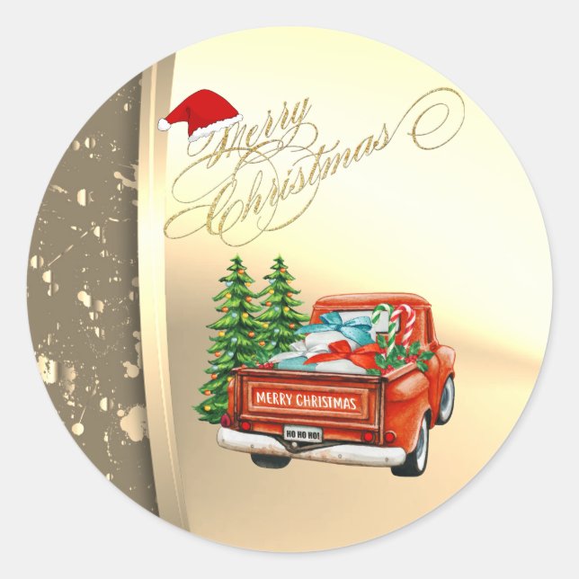 Sticker Rond Red Truck Pine Tree Noël Faux Gold (Devant)