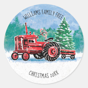 Sticker Rond Red VintageTractor Christmas Tree Ajouter un nom