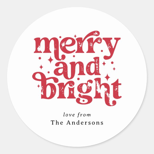 Sticker Rond Red & White Christmas Merry & Bright Personalized (Devant)
