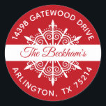 Sticker Rond Red White Christmas Snowflat Adresse de retour<br><div class="desc">Un autocollant festif rouge et blanc fêtes avec les mots Joyeux Noël et votre nom et adresse! Ils ajoutent une touche finale à vos cartes de Noël avec cette étiquette d'adresse de retour de flocon de neige. Conçu pour vous par Blackberry Boulevard.</div>