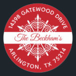 Sticker Rond Red White Christmas Snowflat Adresse de retour<br><div class="desc">Un autocollant festif rouge et blanc fêtes avec les mots Joyeux Noël et votre nom et adresse! Ils ajoutent une touche finale à vos cartes de Noël avec cette étiquette d'adresse de retour de flocon de neige. Conçu pour vous par Blackberry Boulevard.</div>