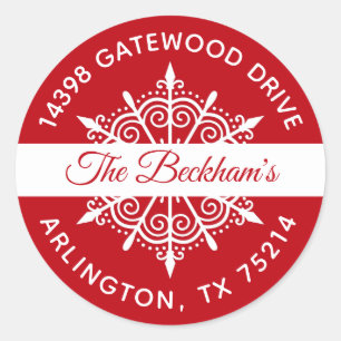 Sticker Rond Red White Christmas Snowflat Adresse de retour