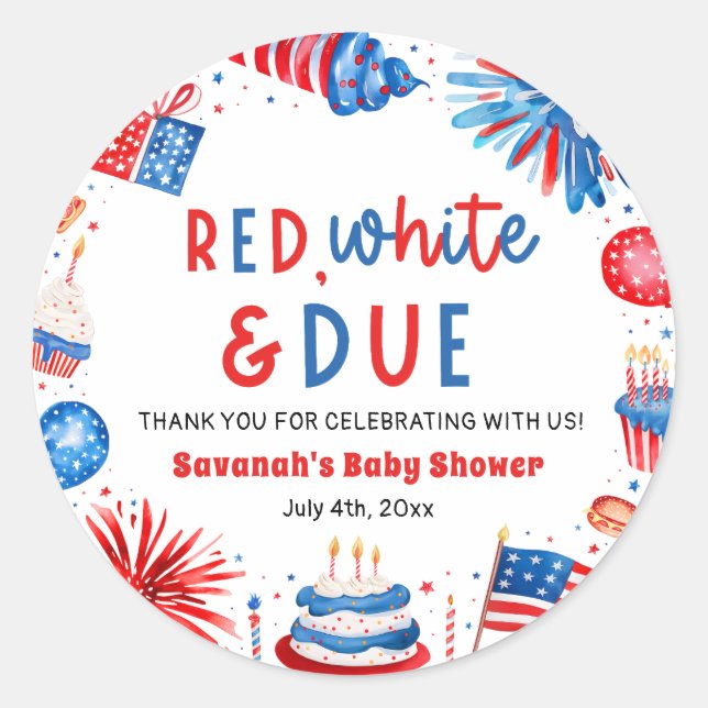 Sticker Rond Red, White & Due Gender Neutral Baby Shower (Devant)