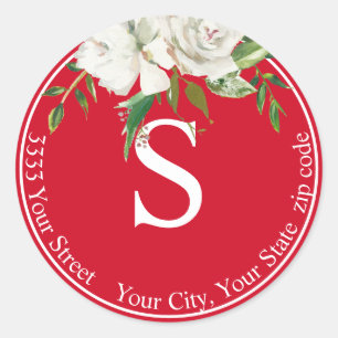 Sticker Rond Red White Floral Monogram Adresse de retour