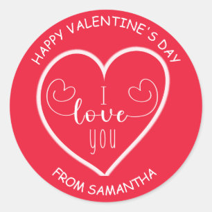 Sticker Rond Red White Heart I Love You Happy Valentine's