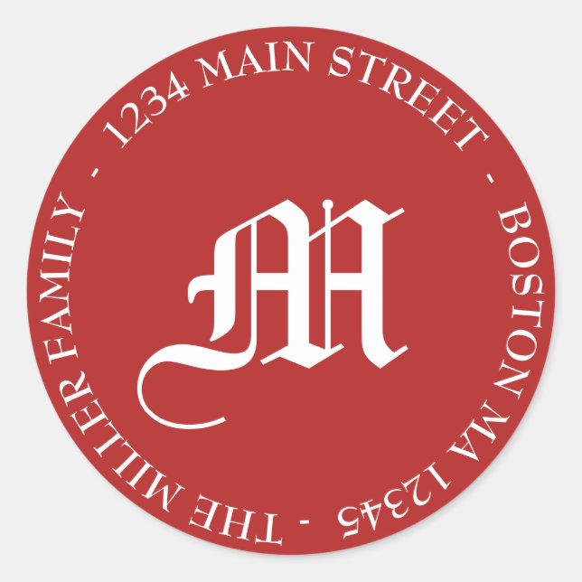 Sticker Rond Red & White Holiday Monogram Adresse de retour (Devant)