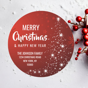 Sticker Rond RED White MERRY CHRISTMAS Tree Adresse de retour