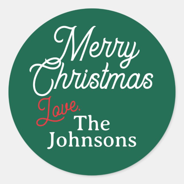 Sticker Rond Red White Script Nom personnalisé Joyeux Noël Vert (Devant)