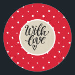Sticker Rond Red White Stars Whimsical Rustic Kraft Avec Amour<br><div class="desc">Stickers</div>