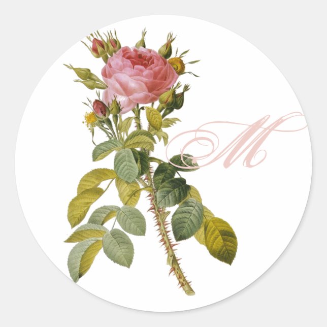 Sticker Rond Redoute Rose avec Monogram Initial (Devant)