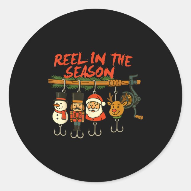 Sticker Rond Reel In The Season Fishmas Santa Fishing Fisherman (Devant)