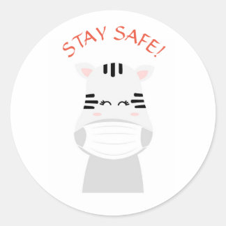 STICKER ROND RÉFLÉCHIS À TA SÉCURITÉ JOLI ZÈBRE PORTANT UN MASQ