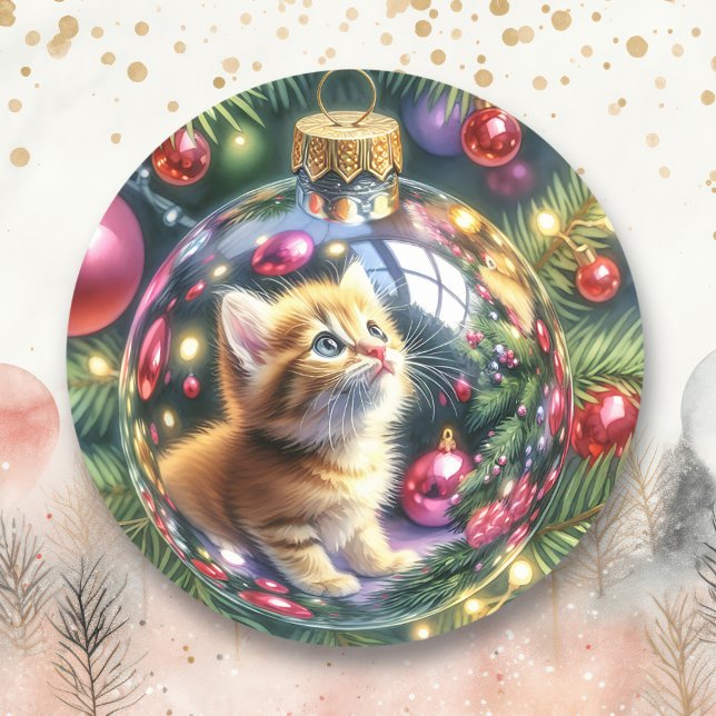 Sticker Rond Réflexion de Kitten dans un ornement de Noël (Créateur téléchargé)