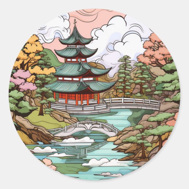 Sticker Rond Réflexions sur les étangs : Temple et Bridge Art (Devant)