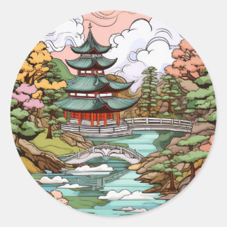 Sticker Rond Réflexions sur les étangs : Temple et Bridge Art