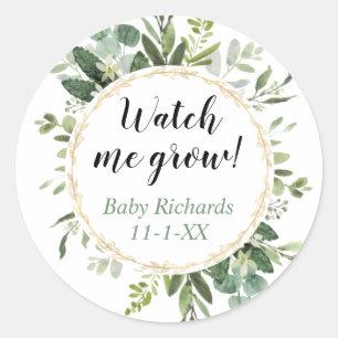 Sticker Rond Regardez-moi cultiver baby shower d'eucalyptus or
